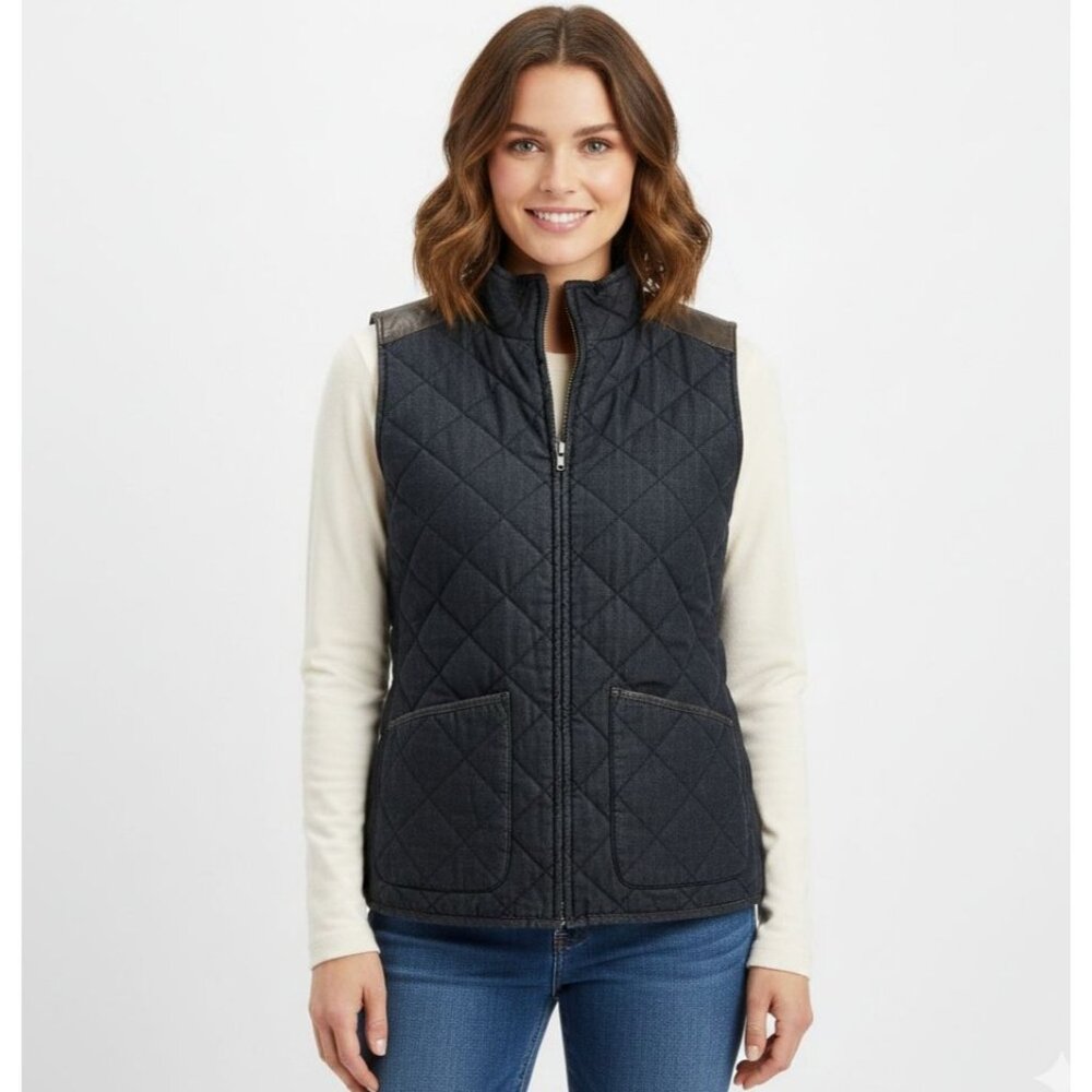 Ralph Lauren Quilted Denim Vest in Dark Blue with Brown Shoulder Patch - Picture 2 of 6